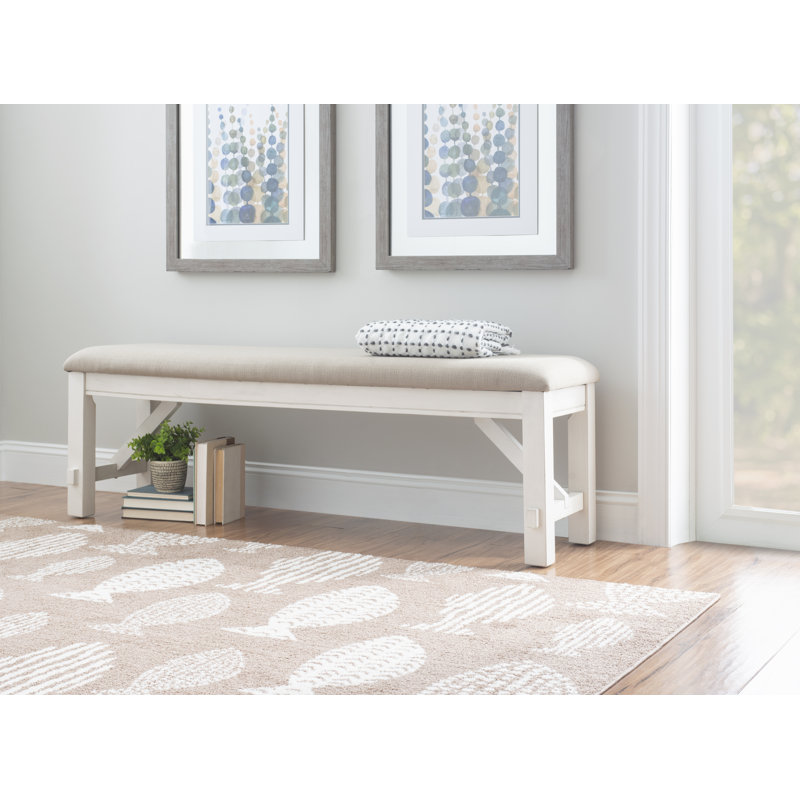 Helbert 60" Solid Wood and Upholstered Farmhouse Dining Bench, Smokey White