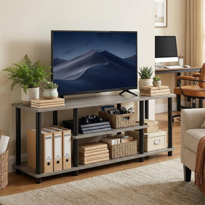 Turn N Tube No Tools 3 Tier Entertainment TV Stand French Oak and Black Media Console for Small Spaces