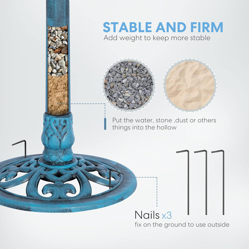 Outdoor Polyresin Antique Bird Bath with Solar Powered Round Pond Fountain, Blue