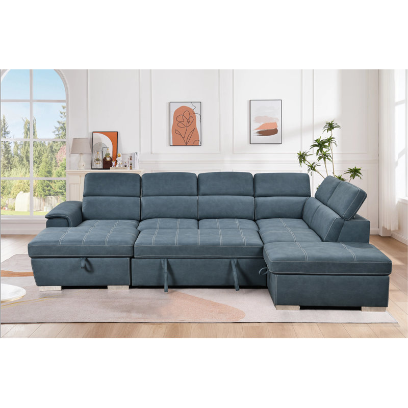 Narender 127.5''  U Shape Firm Sectional Sleeper Sofa Flared Arms Sectional Sofa with Pull Out Bed ,Adjustable Headrest and Ottoman