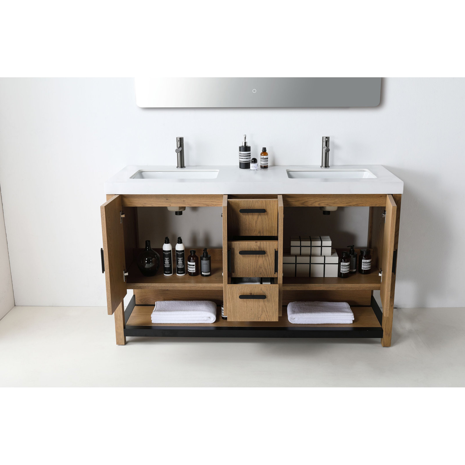 Willard 60" Double Bathroom Vanity, White, Pecan Oak