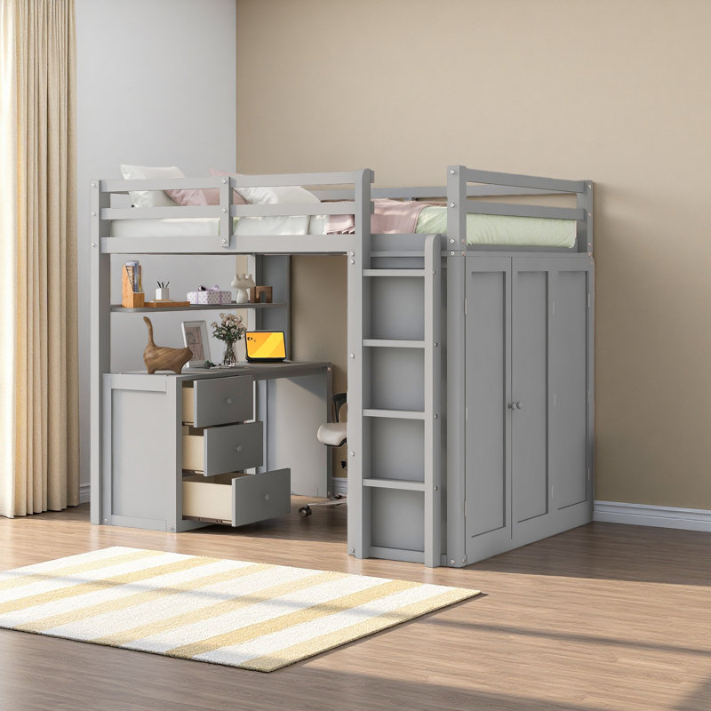 Lit mezzanine avec tiroirs, bureau et garde-robe, Gris, Lit double