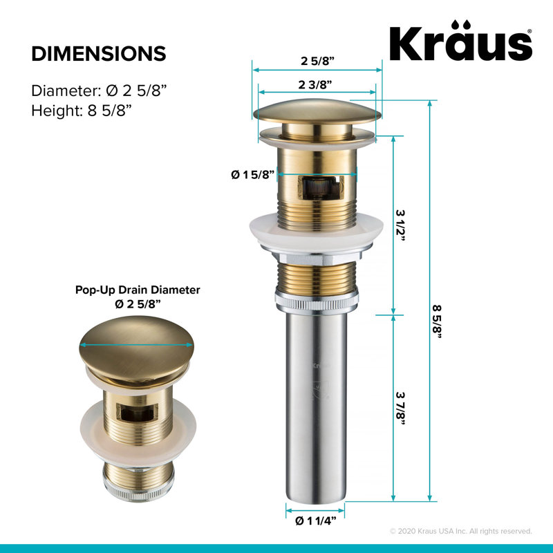 Pop-Up Bathroom Sink Drain with Overflow, Brushed Gold