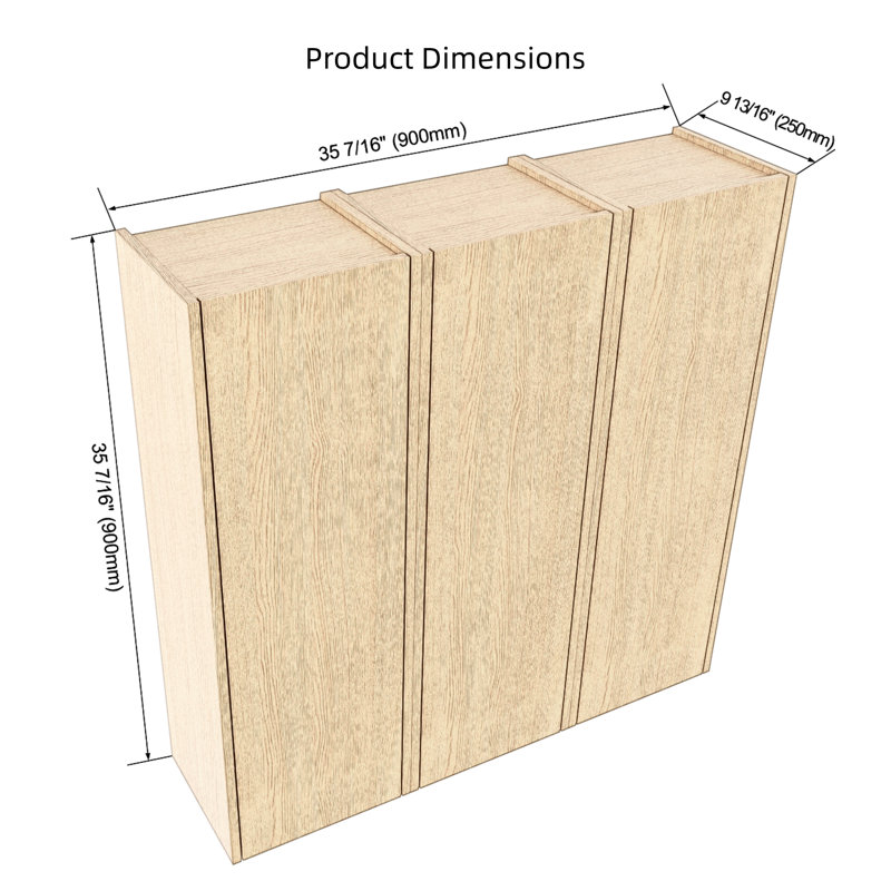 36" Wall Mounted 3-Door Bathroom Storage Cabinet, Natural, 35.44" H x 35.43" W x 9.81" D
