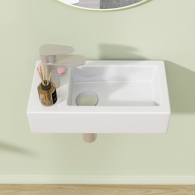 Petit lavabo de salle de bain mural en céramique 14,56 "x P 7,63" avec lavabo vasque flottant rectangulaire blanc avec trou pour robinet gauche