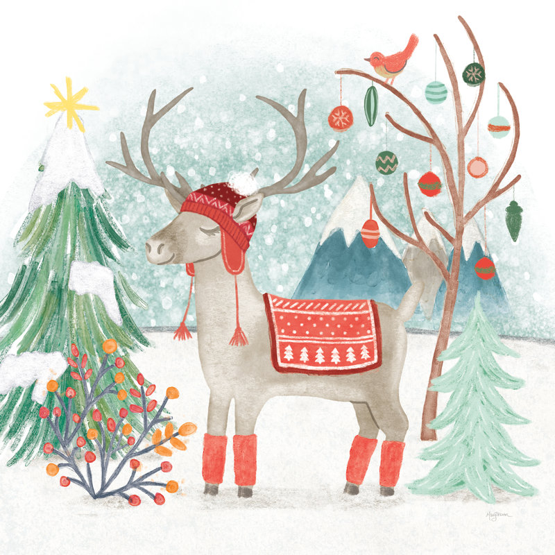 «Reindeer Jubilee II» par Mary Urban - impression sur toile tendue, H 12 po x l 12 po, Papier avec cadre érable, Non