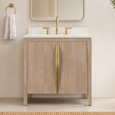 Meuble-lavabo Klemenc 30 po en marbre blanc de Carrare, lavabo simple, couleur Toffee Latte, avec quincaillerie en or satiné.