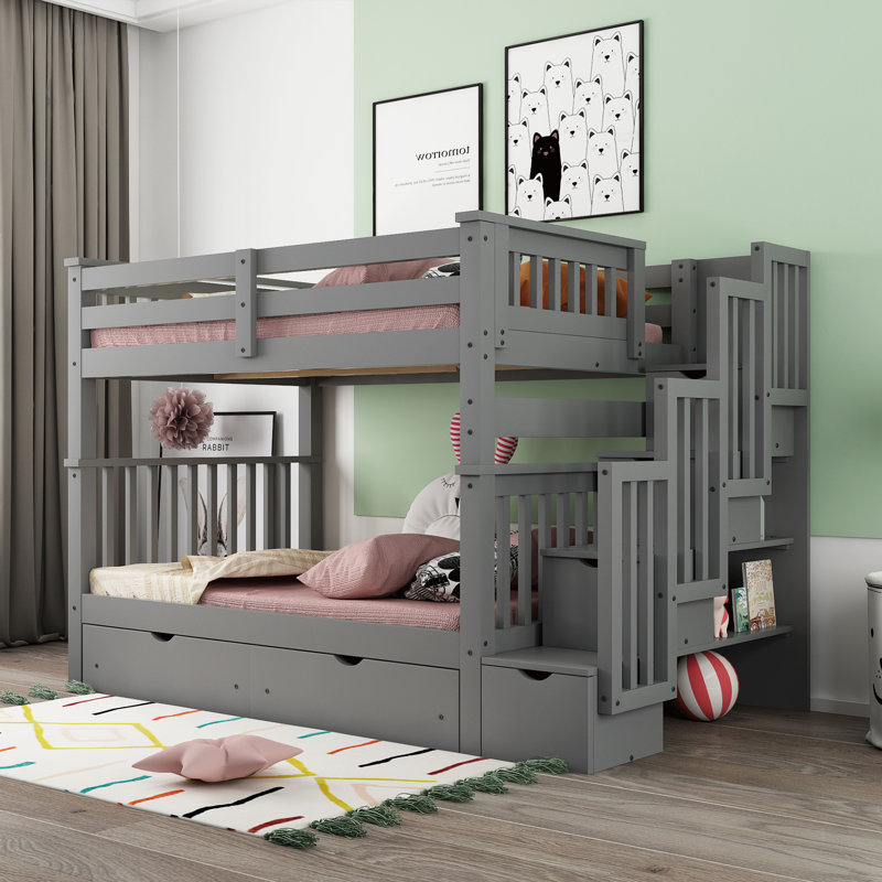 Girlie Full Over Full Bunk Bed with Shelves and Storage Drawers, Gray