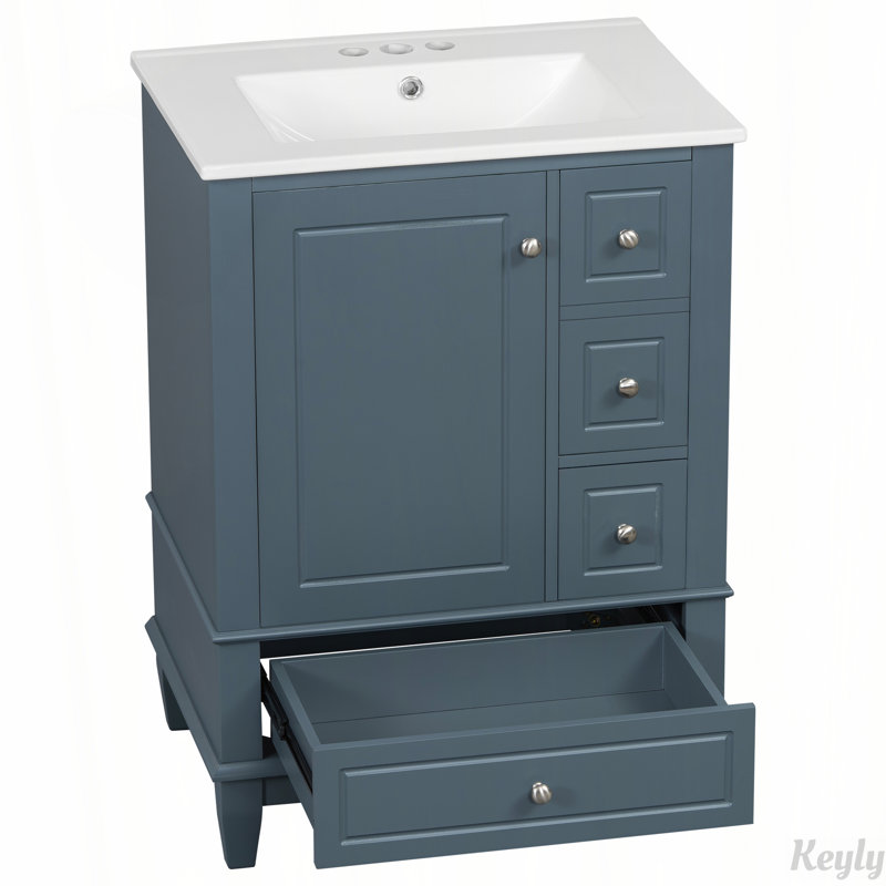 Meuble-lavabo 24 po avec lavabo et tiroirs, tablettes de rangement, Gris bleu / argent