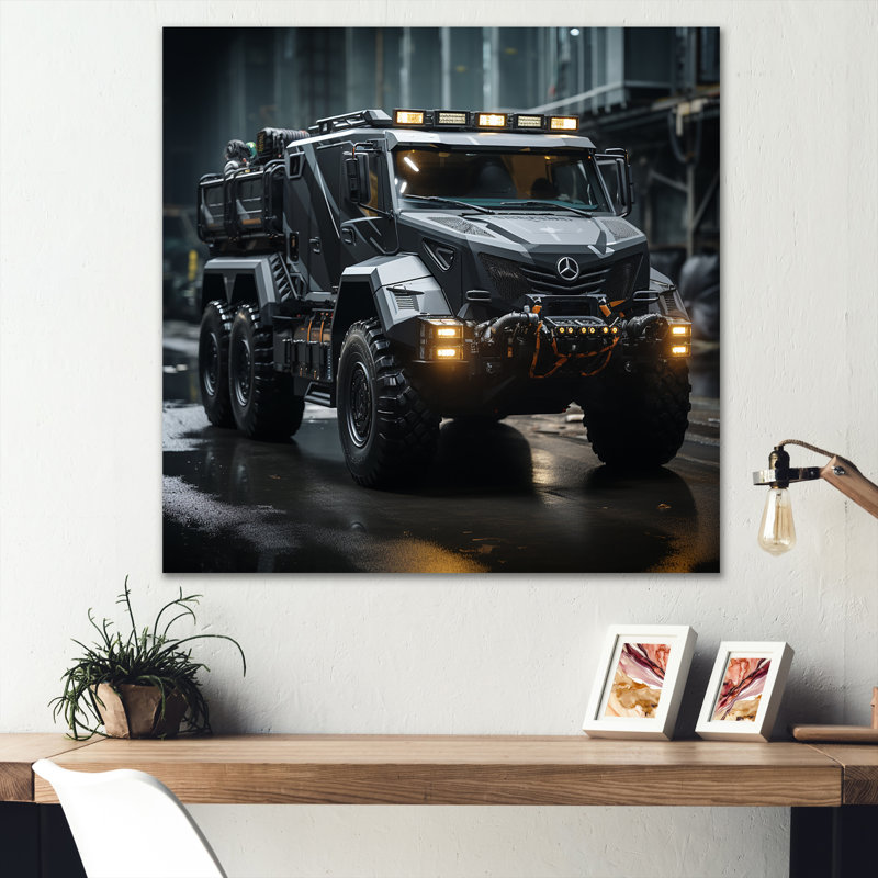 Au noir, camion militaire sur toile, Toile tendue, H 16 po x l 16 po x P 1 po