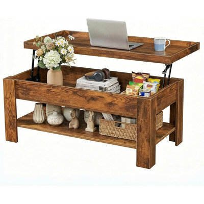 Table basse à plateau relevable avec rangement caché, bureau de table moderne pour petits espaces, table centrale en bois avec grand compartiment et tablette pour le salon