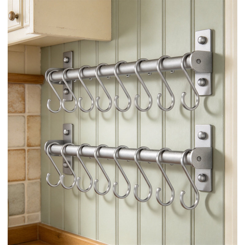 Ensemble de 2 rails pour ustensiles de cuisine muraux, argent avec 8 crochets pour casseroles, poêles, cuillères et tasses