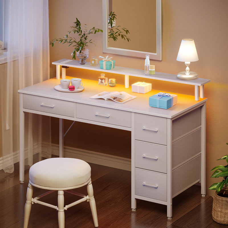 Linze Computer Desk w/ Monitor Shelf, RGB LED Lights, USB Ports & Drawers, White, 35.20"H x 39.40"W x 18.50"D