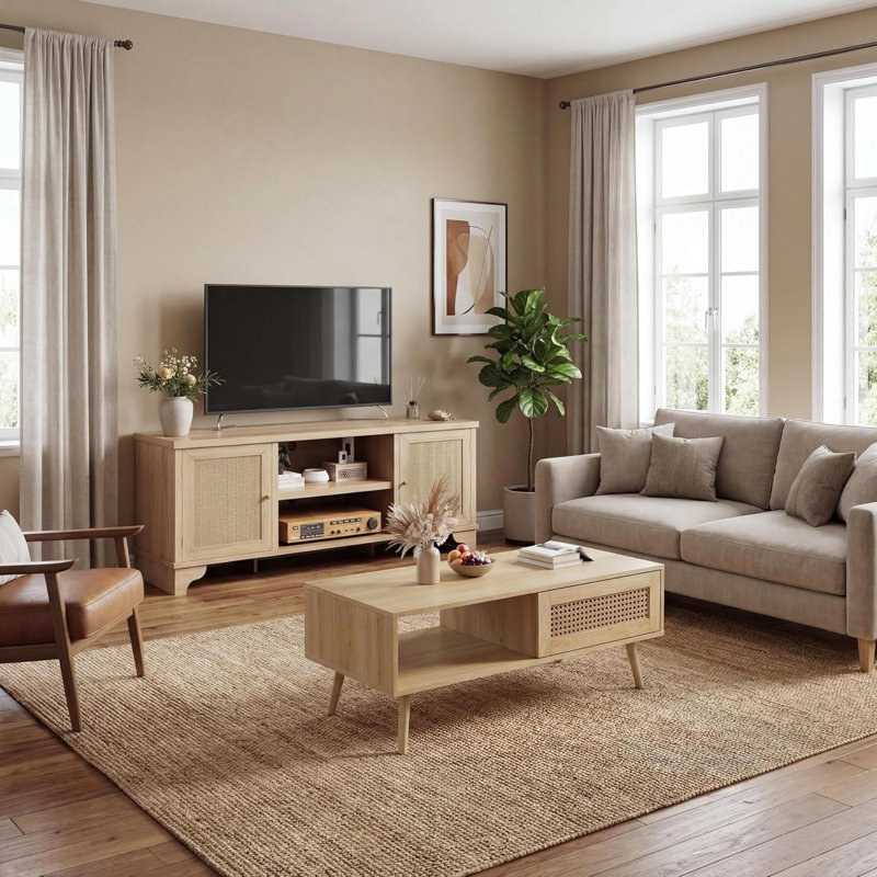  Ensemble de 2 tables de salon, comprenant un meuble de rangement pour meuble télé en rotin de 62 po pour téléviseur de 65 po, table basse avec tablette de rangement pour chambre à coucher