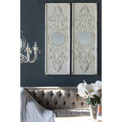 17"X48" Large Wood Wall Art Panels, 2Pcs, Distressed White With Round Mirror Accents, Stable Fir For Home Interior 2Pcs Wooden & Strong Decoration