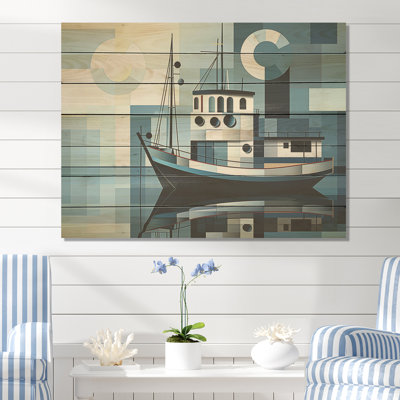 Modern Marina Boat In A Port - Coastal Boat On Wood Print