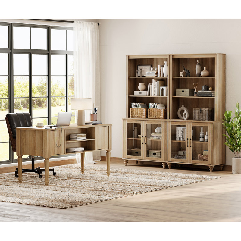 2 Piece Office Set, 56" Executive Desk & Set Of 2 Bookcases With Glass Doors, Oak