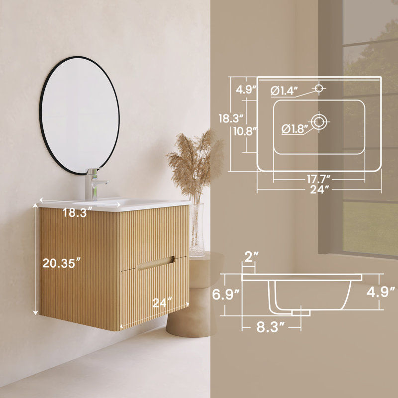 Ensemble de meuble-lavabo mural 24 po avec comptoir intégré en céramique, Chêne naturel