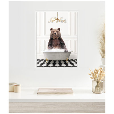 «Bear in Grey Bathaign on Checker Floor» par Amy Peterson, reproduction d'art sur toile encadrée