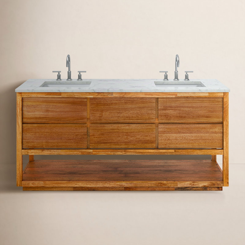 Oakman 72 In. Mango Wood Single Sink Carrara White Marble Countertop Bath Vanity With Satin Gold Faucet, Chrome 