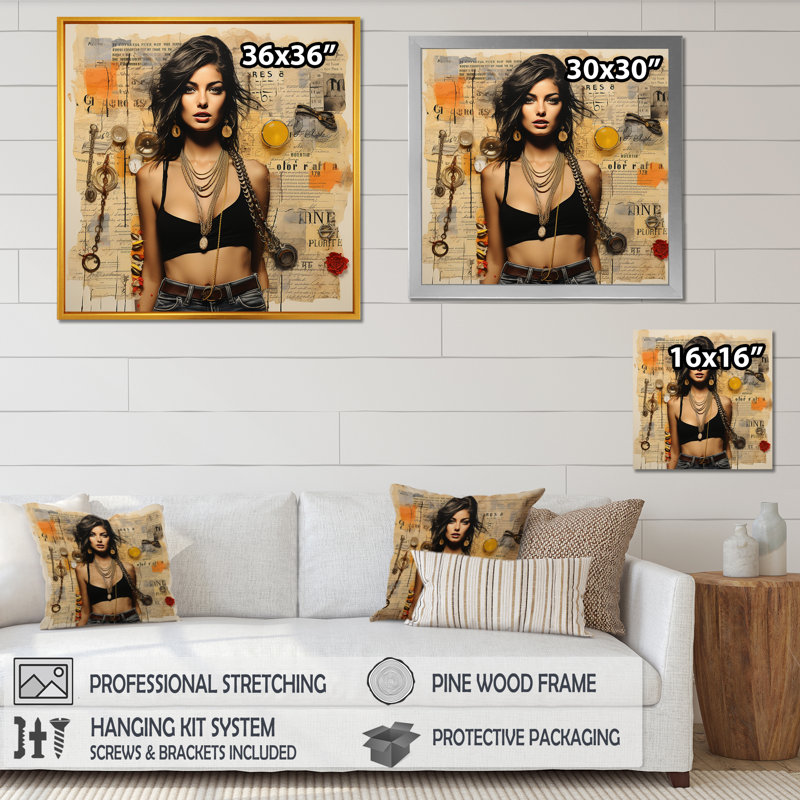 Chic Couture Accessoires, Portrait rétro I - Accessoires de mode, art mural, Cadre flottant noir, H 16 po x l 16 po x P 1 po