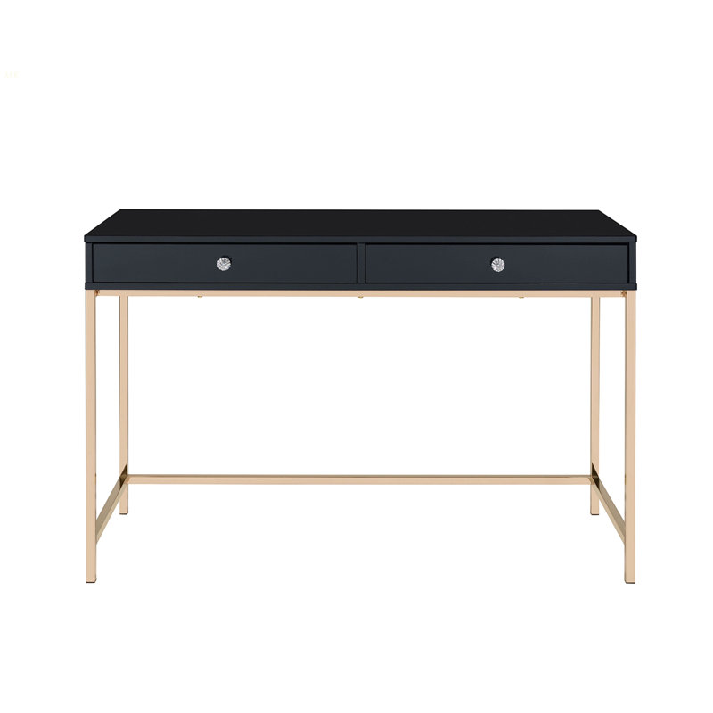 Bureau d'écriture rectangulaire avec 2 tiroirs, noir brillant et doré