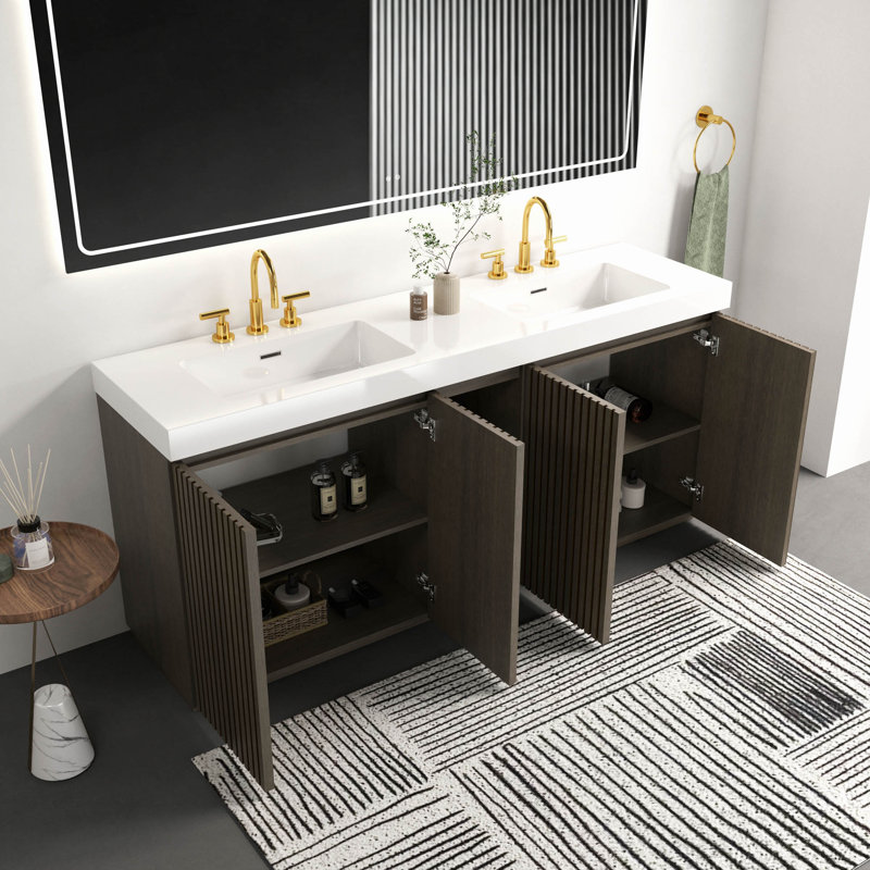 Meuble-lavabo autoportant en chêne fumé 72 "avec lavabo, grand meuble-lavabo pour salle de bain moderne avec lavabo une pièce sans bonde ni robinet