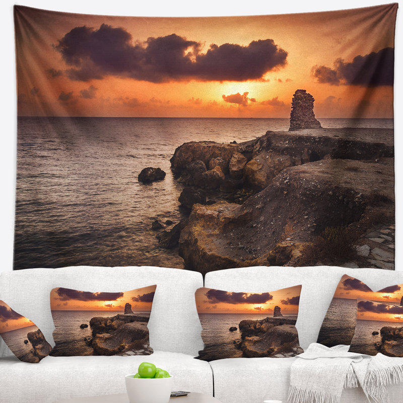 Tapisserie sur la plage avec ruines antiques, H 50 po x l 60 po