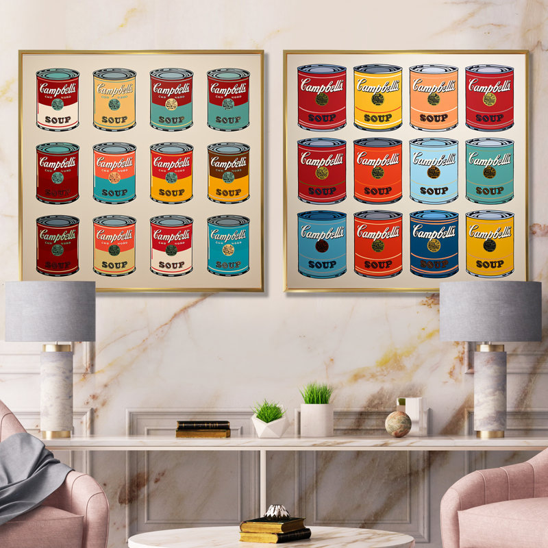 Pop Art Soup Collage I - Ensemble de 2 décorations murales, Cadre flottant doré, H 36 po x l 73 po x P 1,5 po
