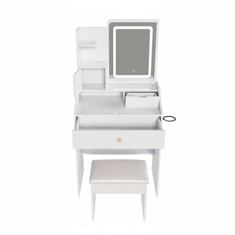 Bureau de coiffeuse avec miroir à DEL 3 couleurs, tabouret et station de charge, Blanc