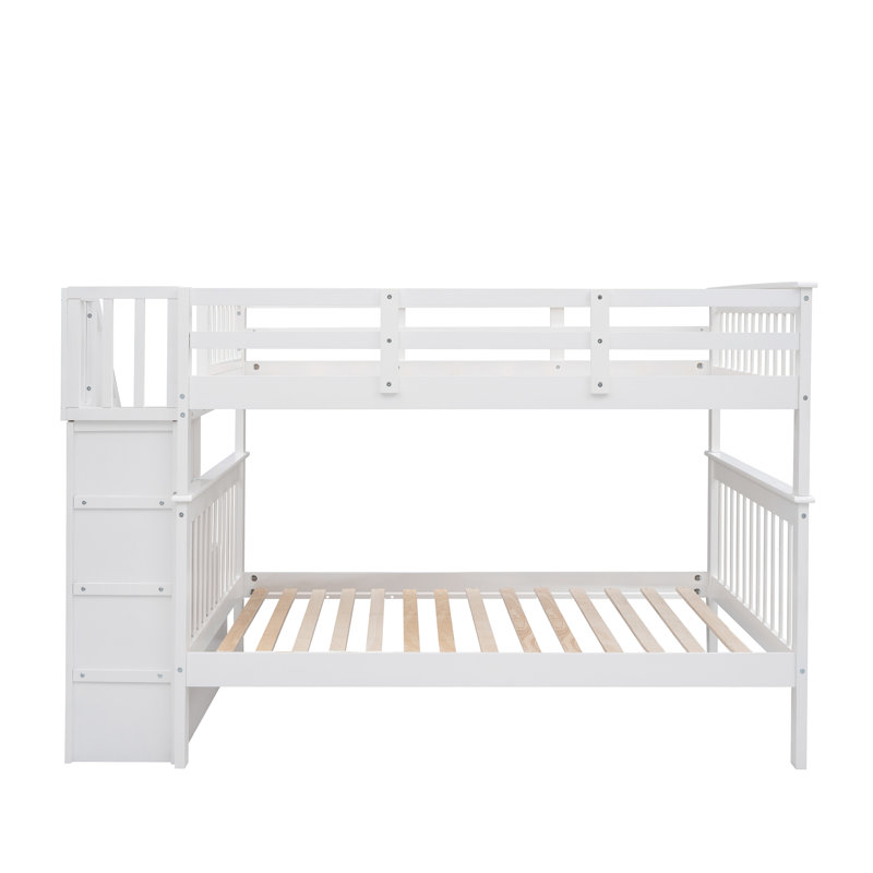 Lit superposé double avec escalier de rangement et garde-corps, Blanc