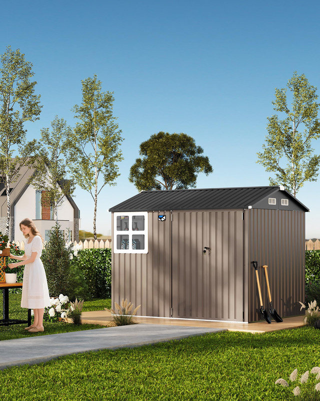 Remise de rangement extérieure en métal 8 pi 6 pi avec fenêtre et lumière solaire à DEL, remise à outils de jardin imperméable avec porte verrouillable et toit incliné ventilé