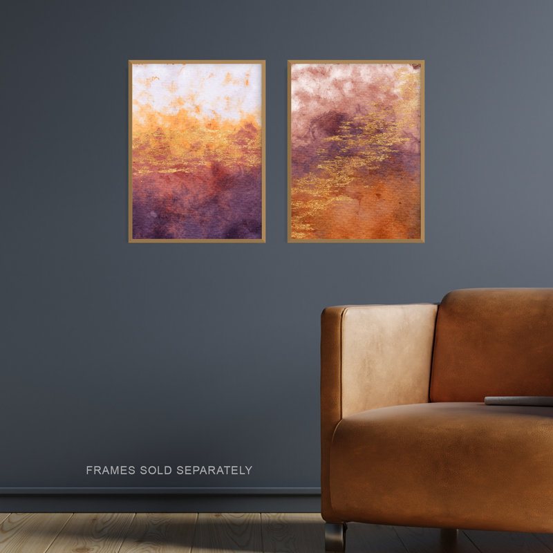 Abstract Orange Purple And Gold 2-Piece Set Unframed Wall Art Prints Living Room Aesthetic Vein Mineral
