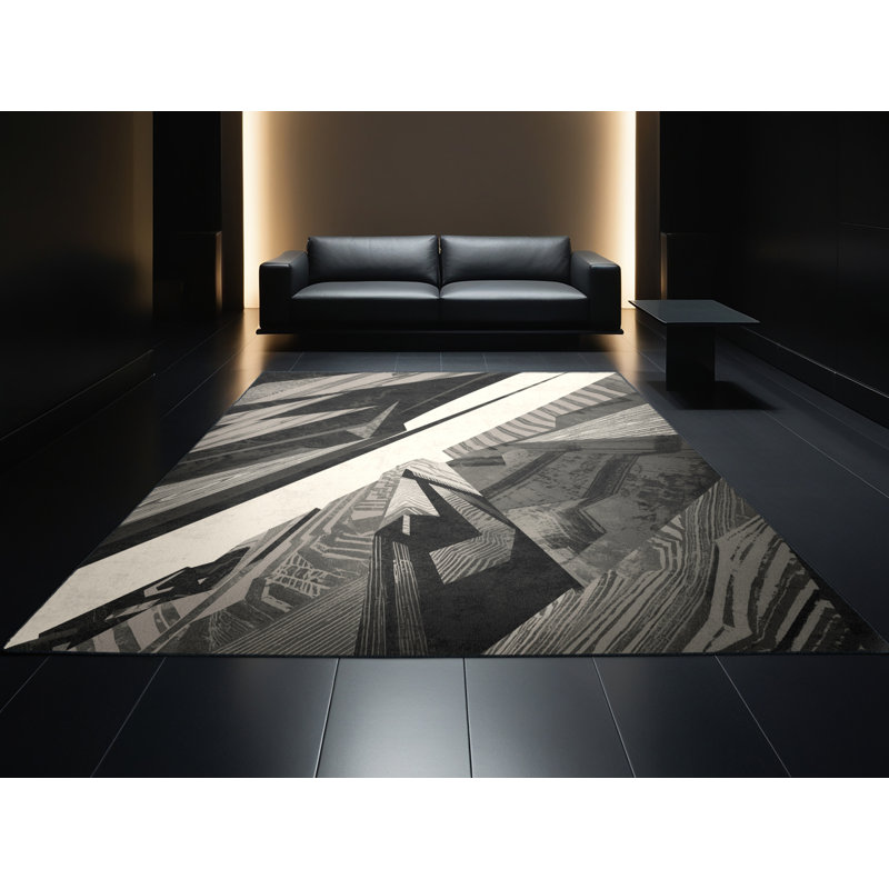 Tapis géométrique ovale rustique lavable à la machine en gris - reliure noire, 7' Square