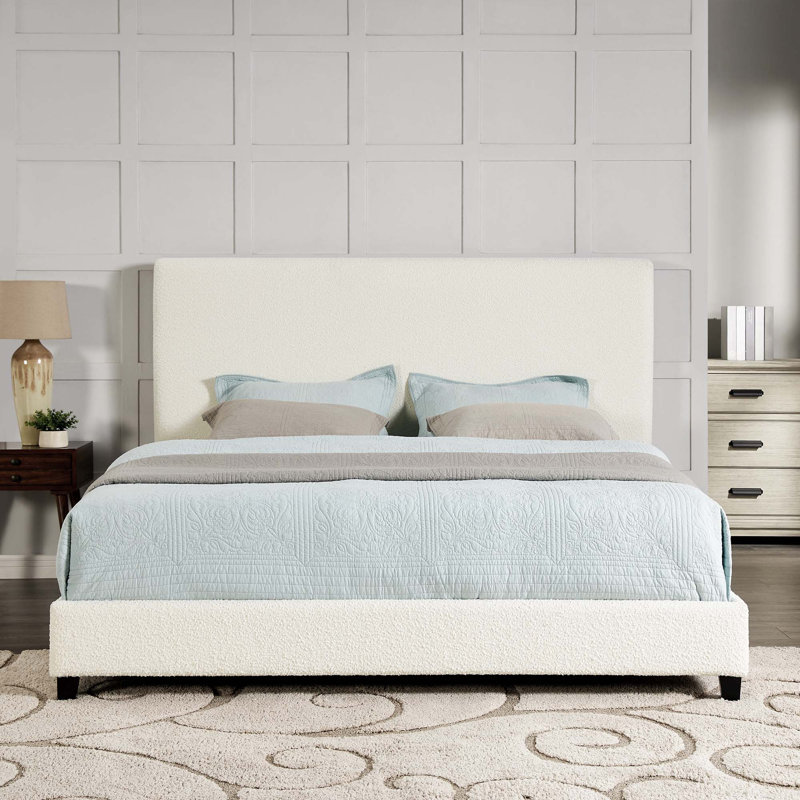 Lit plateforme tapissier Aryia Boucle, Très grand, Blanc
