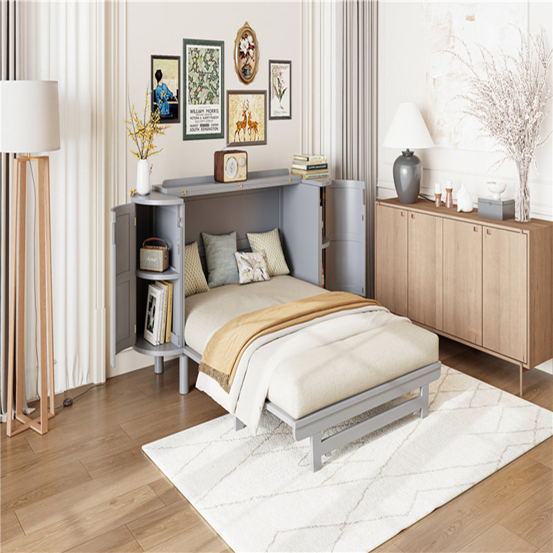  Lit escamotable de conception moderne tissé avec armoires de rangement latérales intégrées, Gris, Double