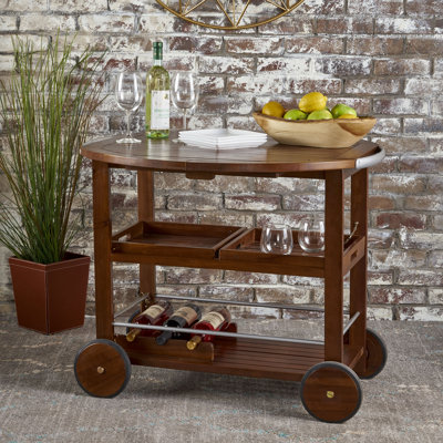 Chariot de service à roulettes Roomfitter avec table pliable, plateaux amovibles, porte-bouteilles, parfait pour l'extérieur, bois naturel massif