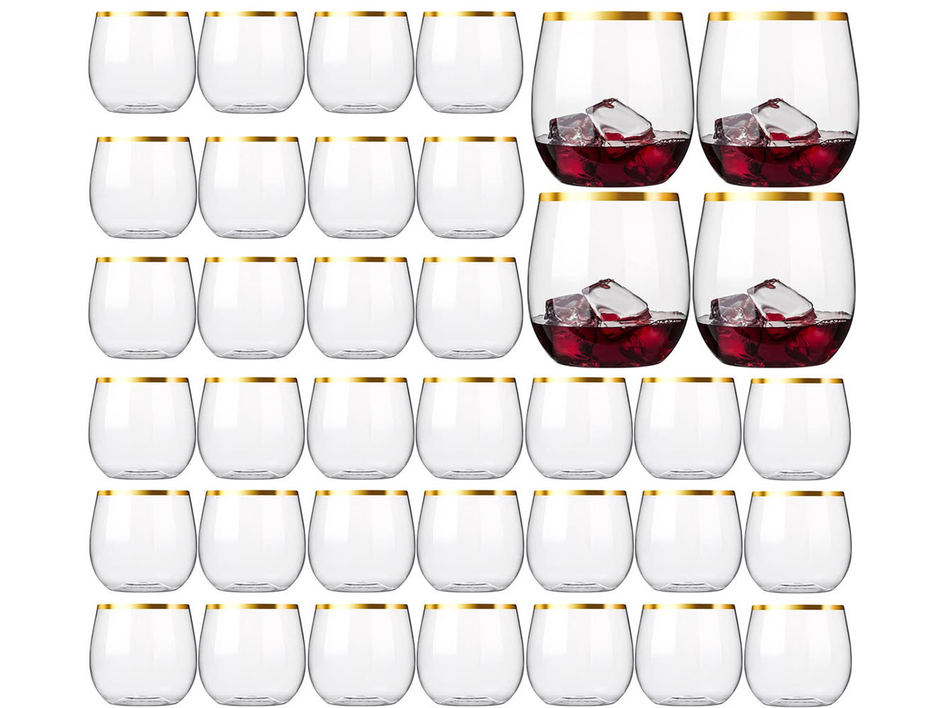 12 Clear with Gold Rim 14 oz Disposable Plastic Stemless Wine Glasses