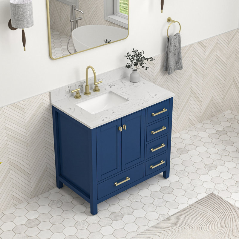 Meuble-lavabo autoportant 36 po avec plateau en marbre 36 po, Bleu / doré brossé