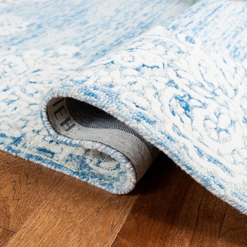 Tapis bleu / crème en laine touffeté à la main Ocala, Rectangle 4 pi x 6 pi