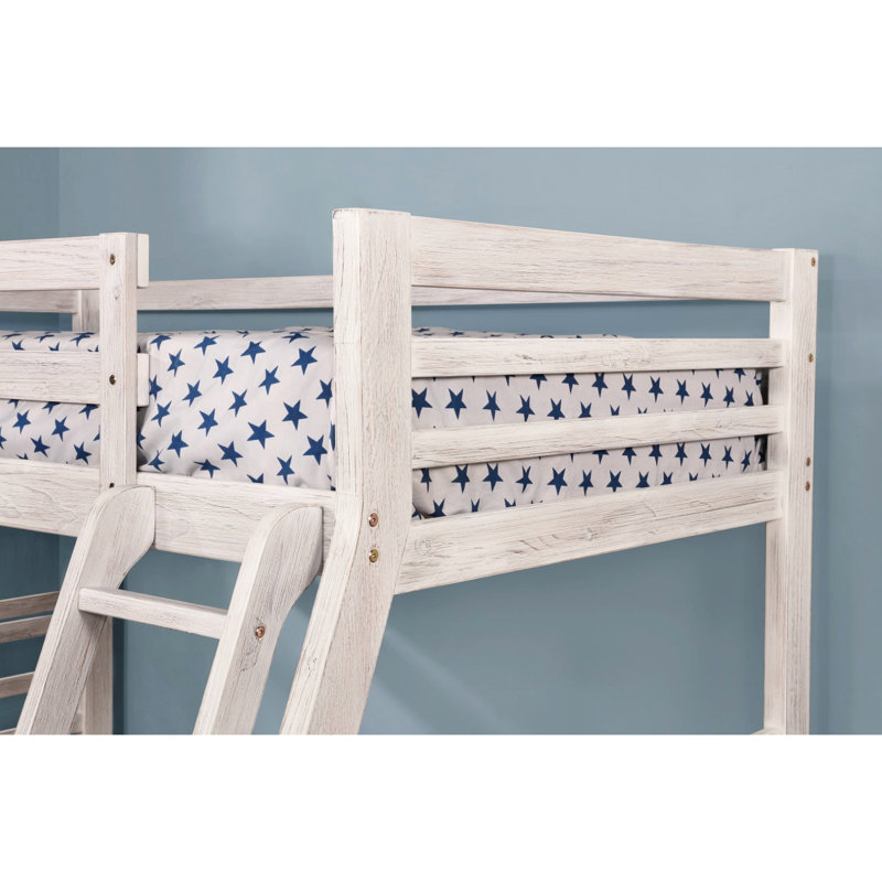 Lit superposé simple au-dessus d'un lit double avec deux tiroirs attachés pour la chambre à coucher, style transitionnel, placage en bois massif, rangement pour la chambre au fini blanc brossé, matériau principal, surface