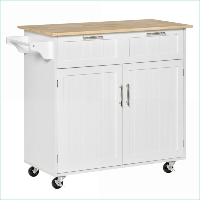 Chariot roulant pour îlot de cuisine, rangement moderne de 41 po avec plateau en bois d'hévéa Tiroirs | Blanc | Bois d'hévéa