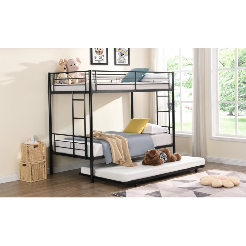 Twin Over Twin  Metal  Bunk Bed With Trundle, Black, Extra-long Twin