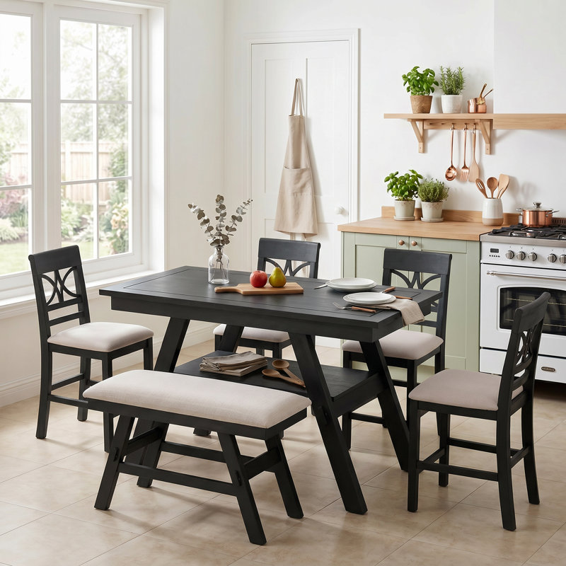 Ensemble de table de salle à manger 60 pièces en bois 60 po avec tablette de rangement et banc pour repas de cuisine élégants