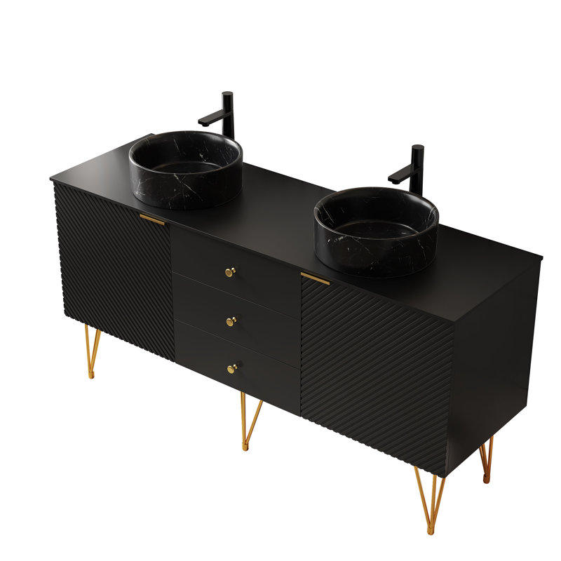 Meuble-lavabo de 60 po avec contreplaqué autoportant, 4 pieds dorés, 2 lavabos en pierre noire, comptoir fritté, pré-assemblé, noir, longue durée et fonction élégante d'aspect