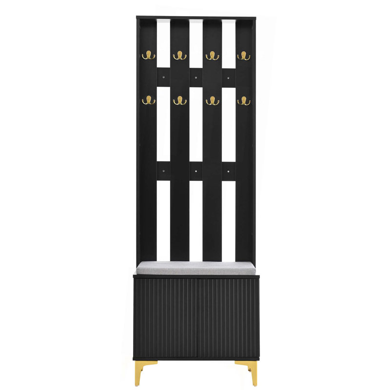 Modern Luxury 4-In-1 Hall Tree With Cushion,Versatile Coat Rack With 8 Hooks And Legs,Entryway Bench With Adjustable Shelves & Fluted Doors For Hallway,Living Room