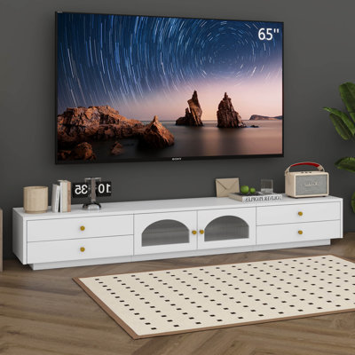 Meuble télé luxueux avec portes en verre cannelé, console multimédia pour téléviseur de 95 po ou moins, tablette en verre trempé, plusieurs options de rangement