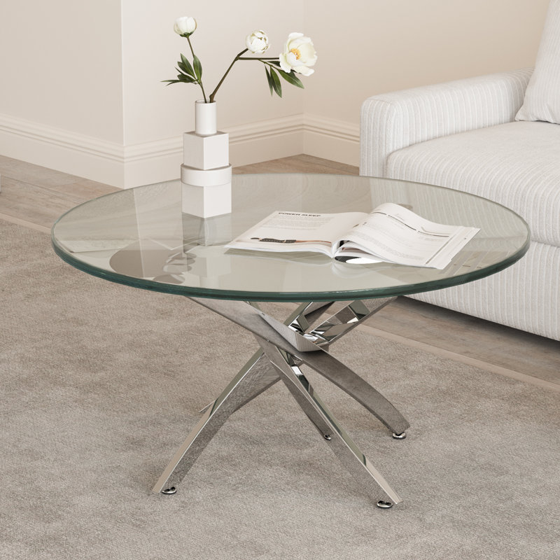 Landgraf Glass Top Round Coffee Table,Cocktail Table,Glass End Table, 17.7" H x 35.4" L x 35.4" W, Silver