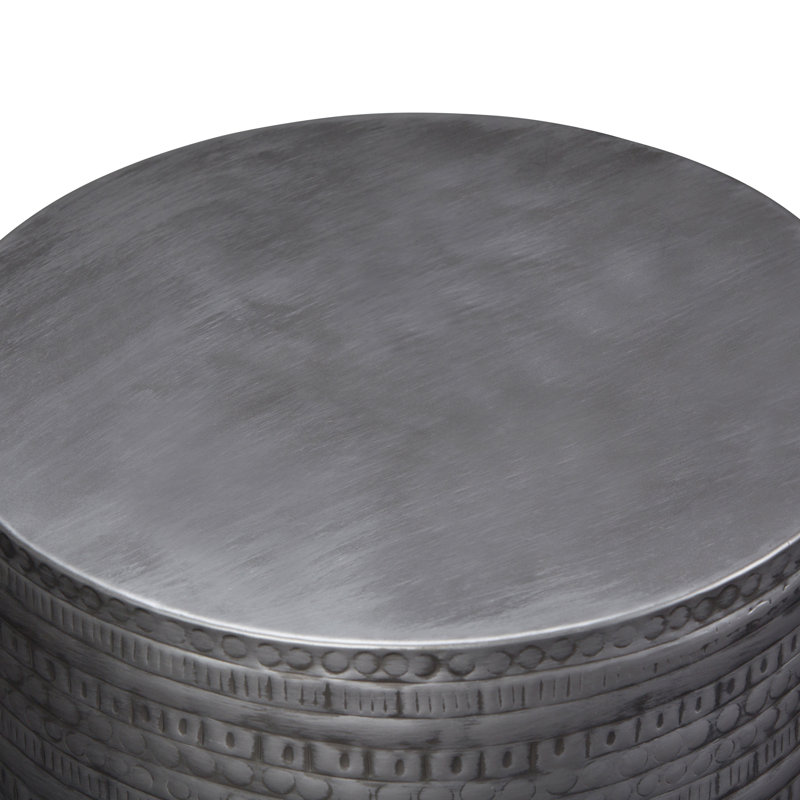 15"W Metal Boho End Table with Drum Design and Textured Finish, Assembled, Antique Silver