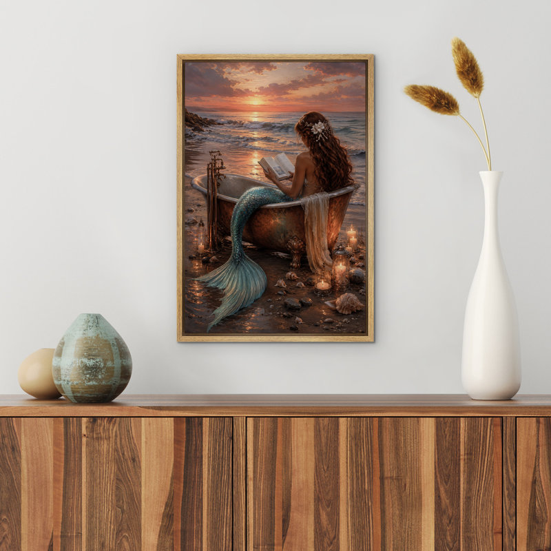 «Mermaid Reading in Bathaign Ocean Fantasy», reproduction d'art sur toile encadrée dans la chambre principale, Natural